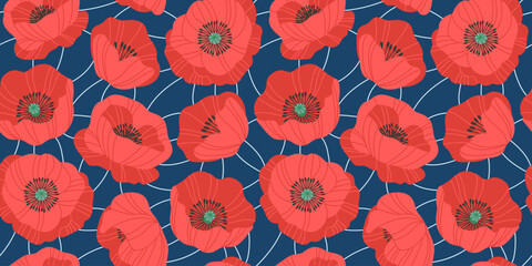 Seamless pattern, background of hand drawn red flowers. Poppies in doodle style. Trendy vector botanical illustration on dark background