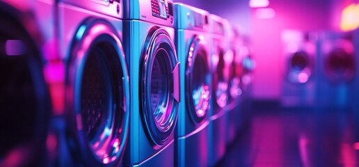 Obraz premium A vibrant laundromat scene with colorful washing machines in a modern setting.
