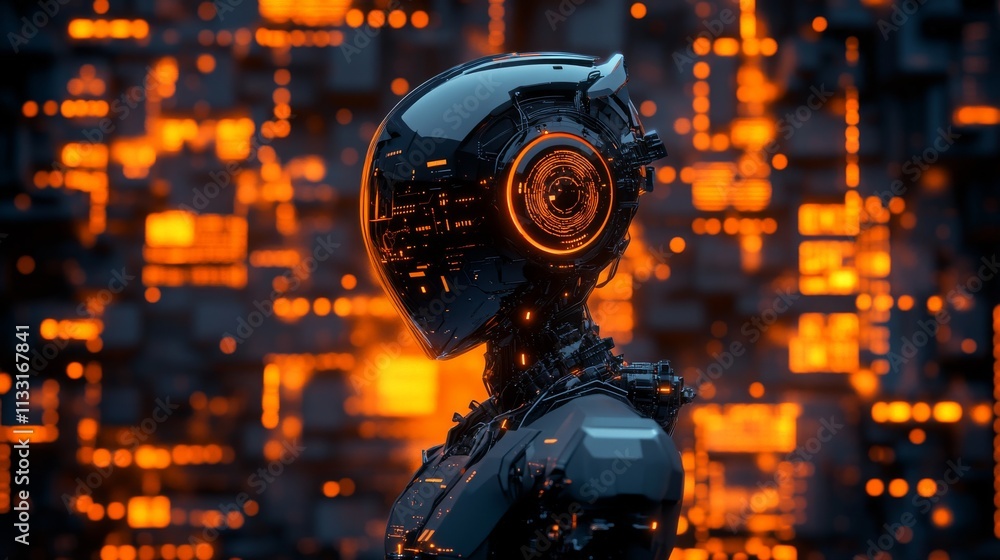 Poster a futuristic humanoid robot with illuminated orange circuitry stands in a digital space, reflecting 