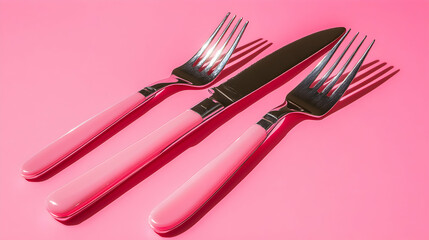 Pink-Handled Cutlery, Elegant Forks and Knife on Pink Background