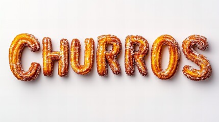 Delicious churros arranged to spell 'CHURROS', dusted with sugar against a clean, white background.