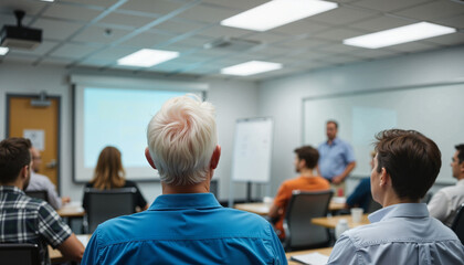 Obraz premium Engaging workshop fosters creativity and collaboration among diverse participants in a modern classroom setting