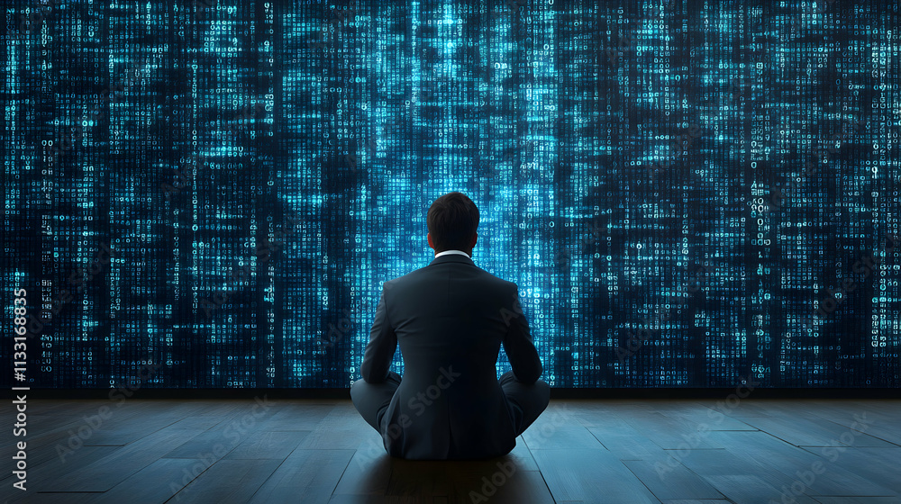 Poster digital code wall, a man contemplates programming's enigma