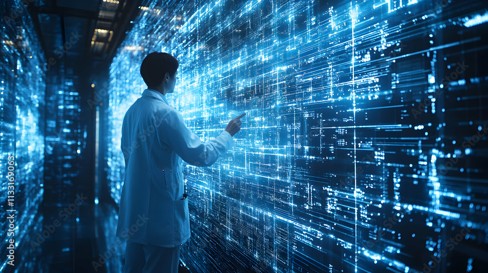Poster scientist interacts with glowing digital data wall, exploring futuristic technology in a modern lab 
