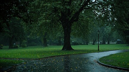 Rainy Day Park: Serene Landscape Under a Summer Shower