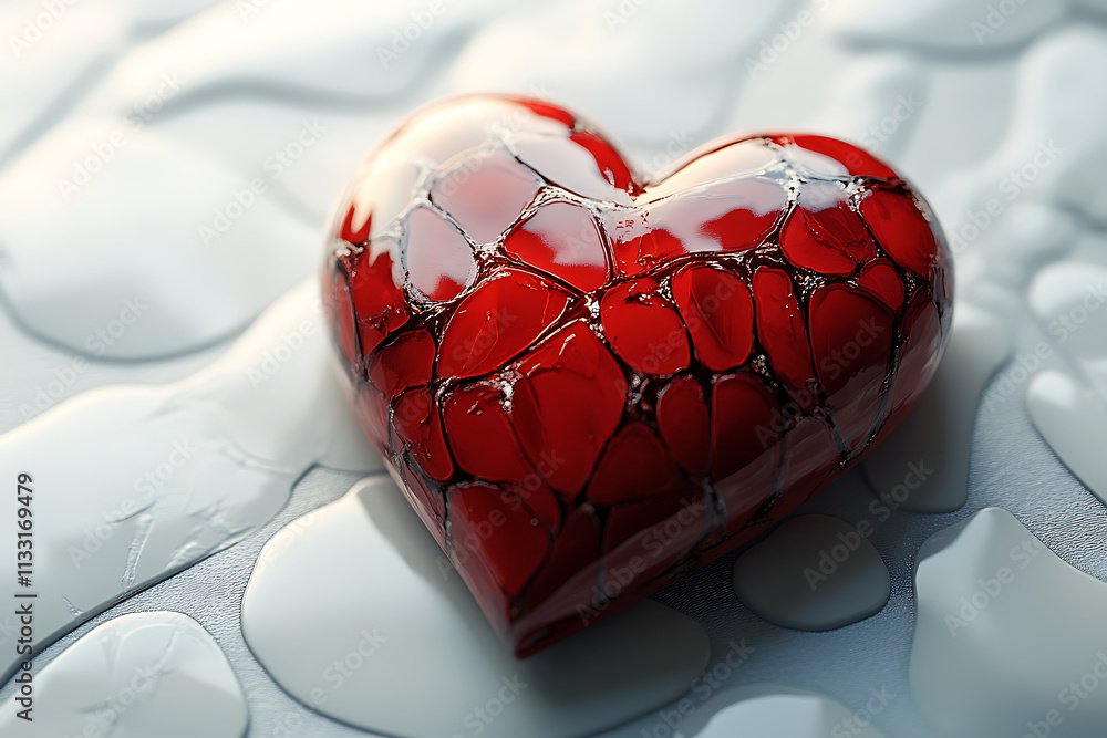 Poster a glossy red heart-shaped object resting on a textured surface, symbolizing love and emotion.