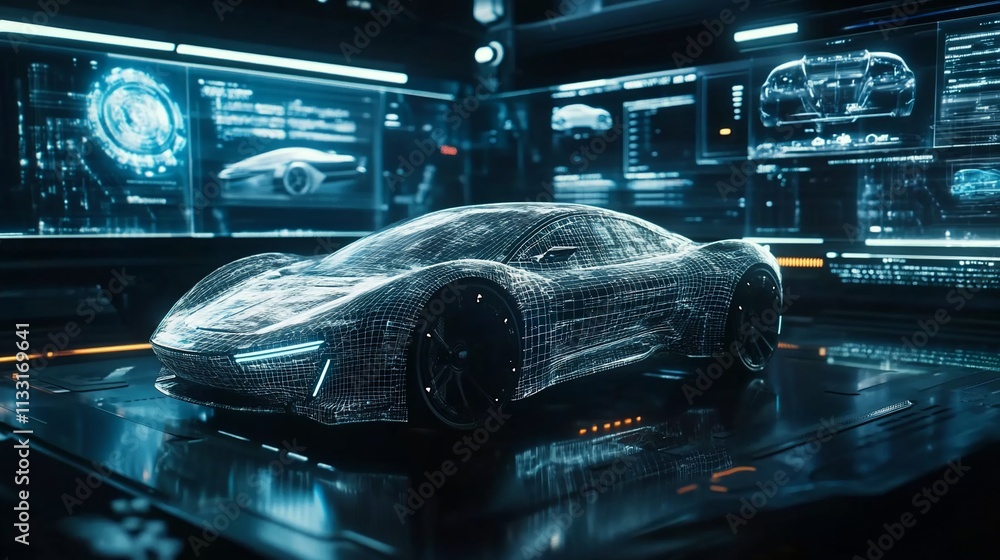 Aufkleber futuristic car design displayed in a digital environment with holographic elements.