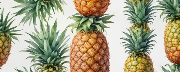 Fototapeta premium Watercolor artwork of a pineapple with intricate patterns and realistic textures against a plain white background, nature, vivid colors, close-up view