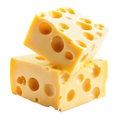 Two Blocks of Swiss Cheese, Stacked, Close up, Isolated on White Background Cutout