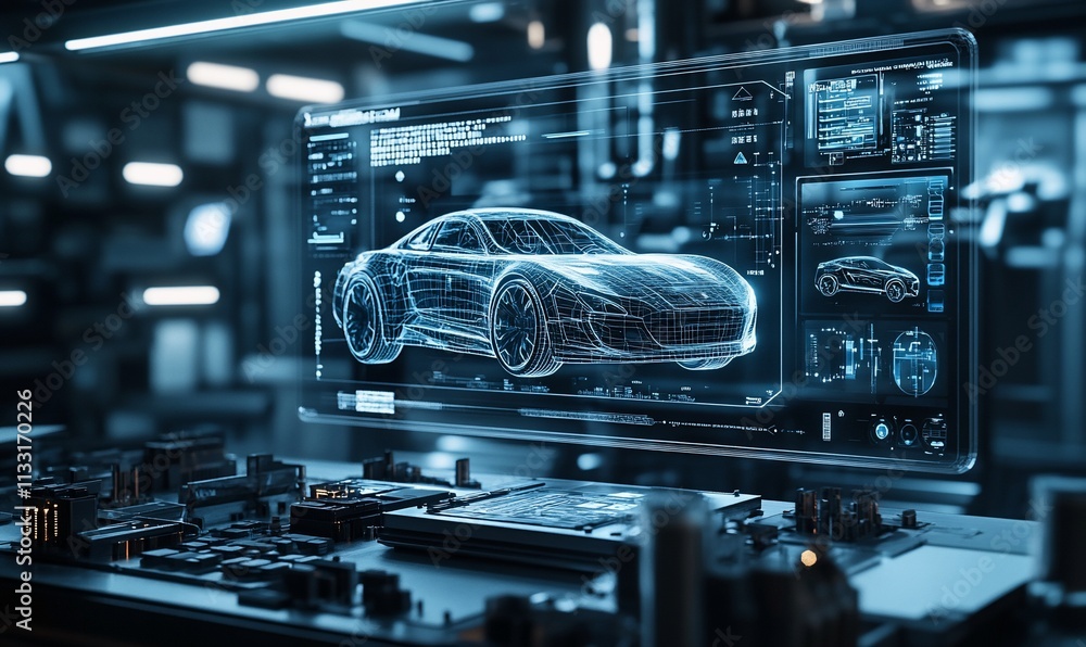 Poster Futuristic car design displayed on a digital interface in a tech environment.