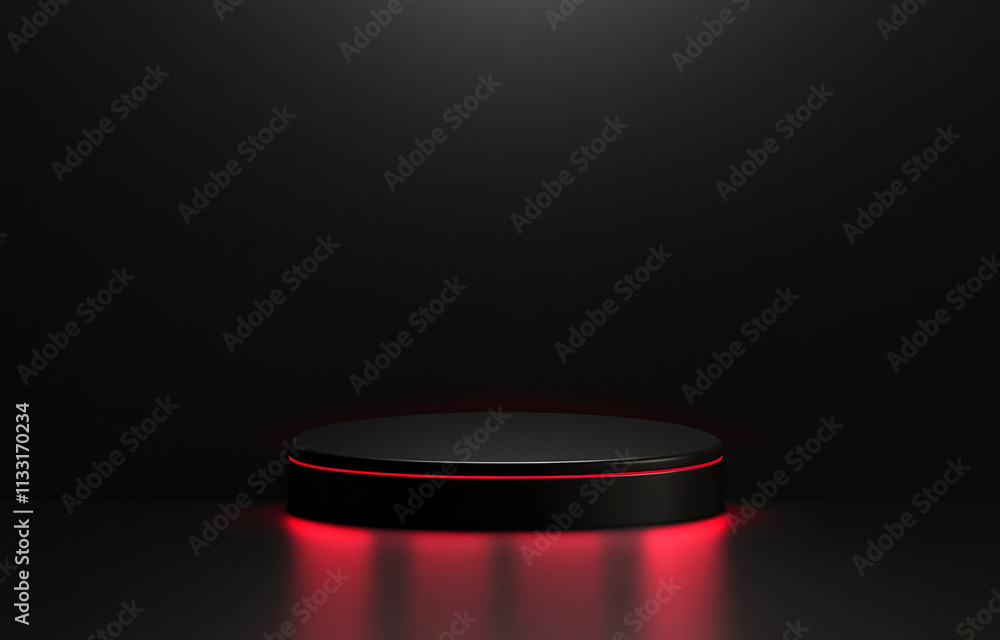 Poster black podium with red light glowing on a dark background, empty space for product presentation in a 