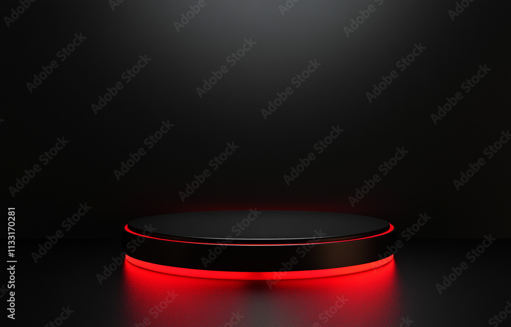 Poster black podium with red light glowing on a dark background, empty space for product presentation in a 