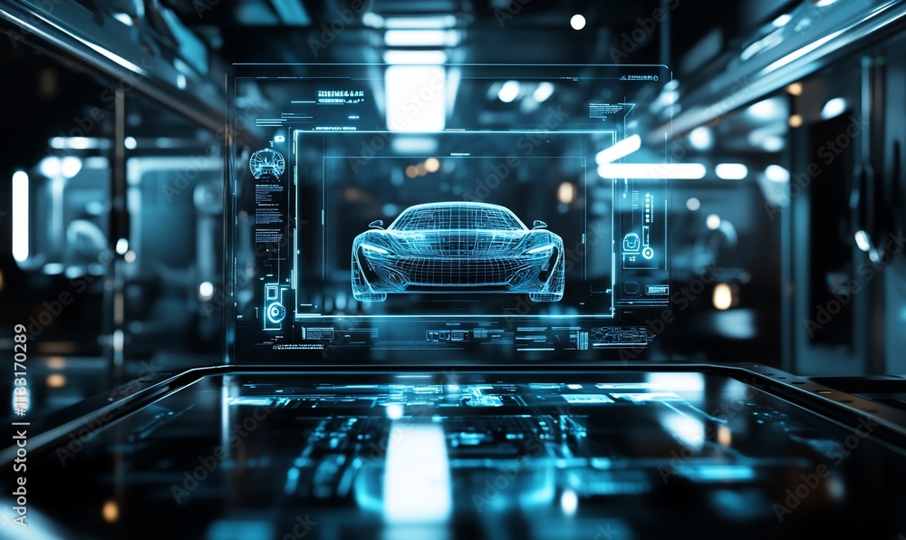 Leinwandbilder futuristic car design displayed on a digital interface in a high-tech environment.