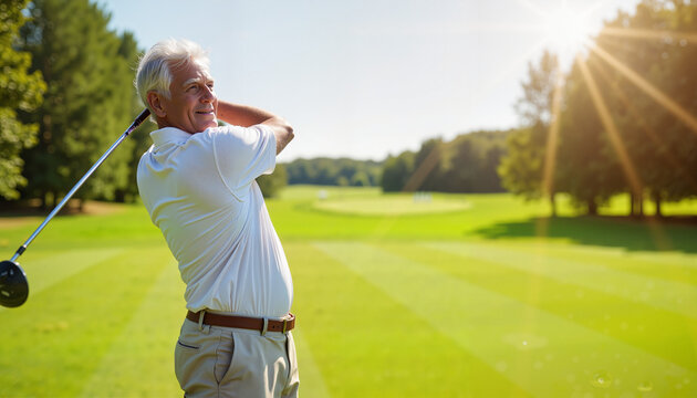 Senior man enjoying a sunny afternoon on the golf course, swinging his club amidst lush greenery and clear skies