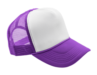 Purple and white trucker cap isolated on a transparent background. Great for branding, casual fashion, or promotional use.