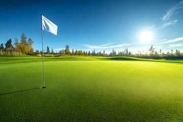 Fototapeta premium Green Golf Course Putting Green under Sunny Sky, A Vibrant Image of a Lush Fairway with White Flag