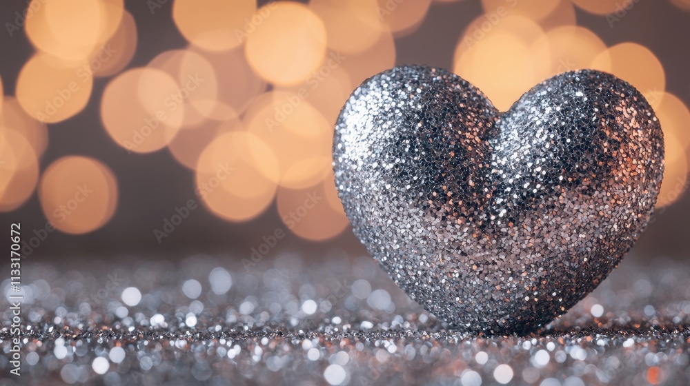 Poster a shimmering silver heart sparkles against a blurred bokeh background, creating a romantic and festi