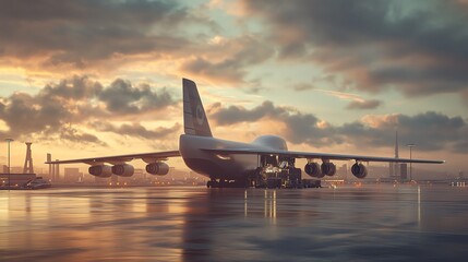 Large cargo plane parked at sunset, reflecting on wet runway.