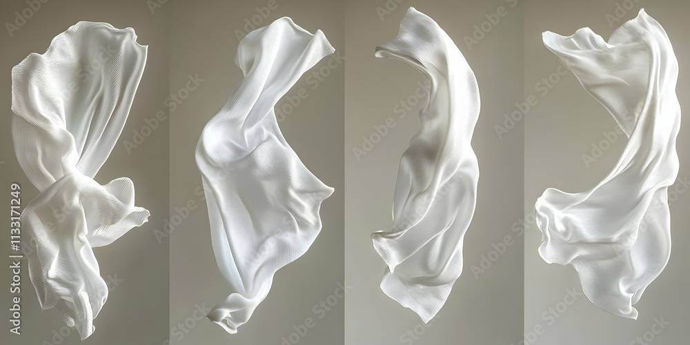 Aufkleber elegant white fabric drapes, gracefully flowing in abstract composition, showing dynamic movement an