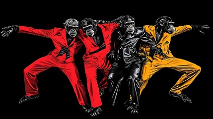 Four chimpanzees in suits dance against a black background.