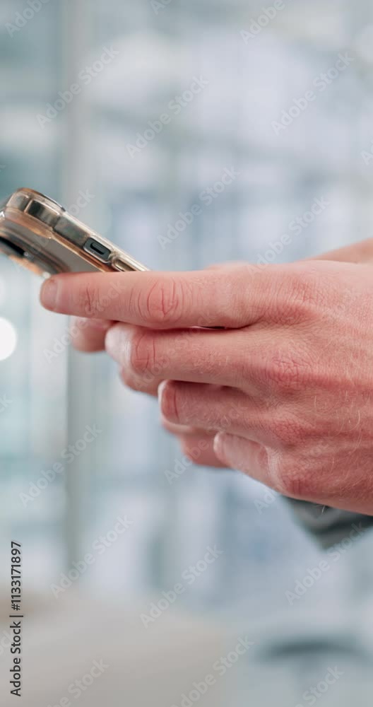 Poster Man, hands and phone in office for business, communication and typing in search engine. Closeup, person and mobile in workplace for research, email and scroll on website for ecommerce or banking