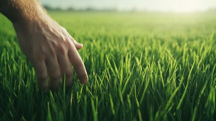 Hand Touching Fresh Green Grass in Sunlit Outdoor Landscape, Nature's Beauty and Tranquility Captured in Close-Up