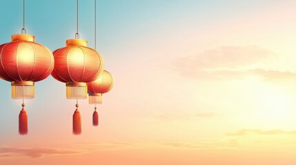 Obraz premium Vibrant Red Lanterns Hanging Against a Beautiful Sunset Sky with Soft Clouds and Warm Colors for Celebrations