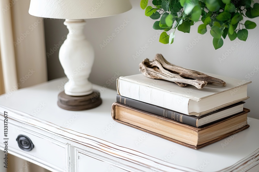Poster A whitewashed side table adorned with a small driftwood lamp and a stack of books