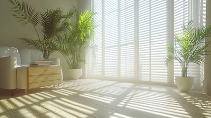 Fototapeta premium Sunlit Interior, Minimalist Room with Plants and Wooden Accents, Light Streaming Through White Blinds, Creating Serene Atmosphere