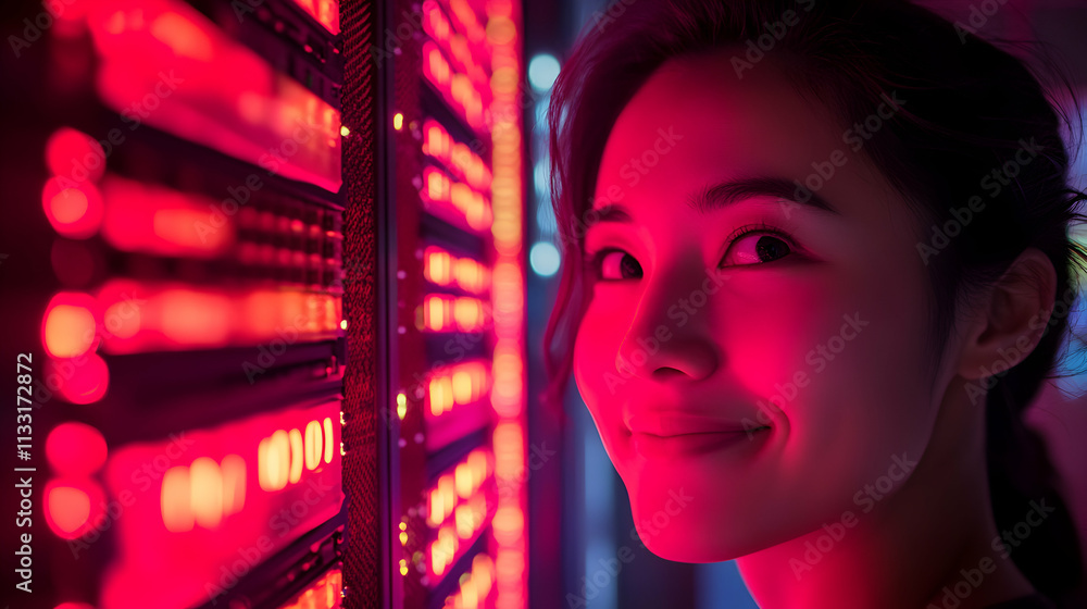 Aufkleber woman smiles near glowing data center servers: technologist views information systems, processing da