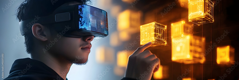 Poster virtual reality, exploring digital cubes in a futuristic interface