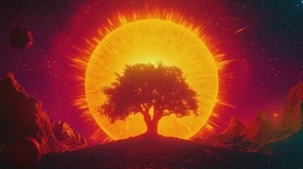 Fototapeta premium Cosmic Tree: A Solitary Sentinel Under a Fiery Celestial Body