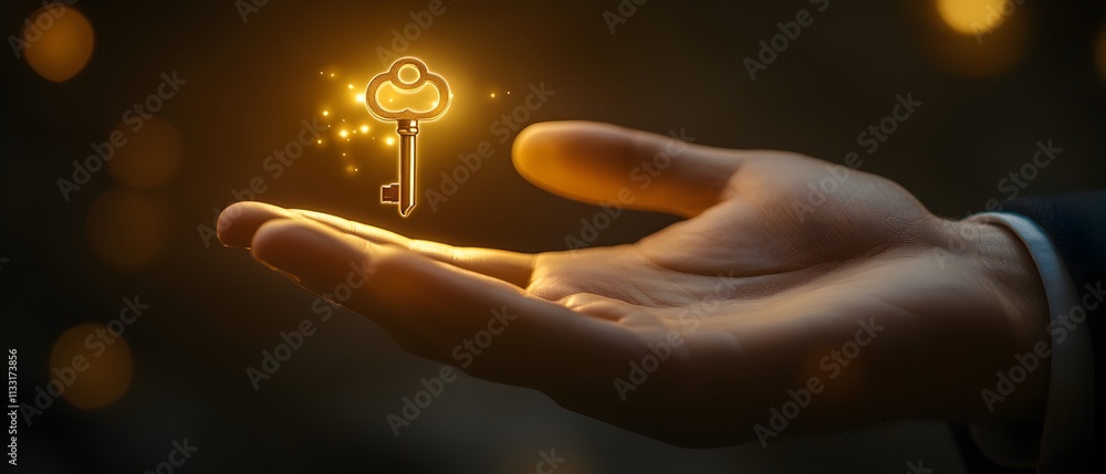 Aufkleber Magical glowing key floating above an open hand, symbolizing opportunity, potential, and new beginnings in a dreamy, atmospheric setting with soft bokeh lights.