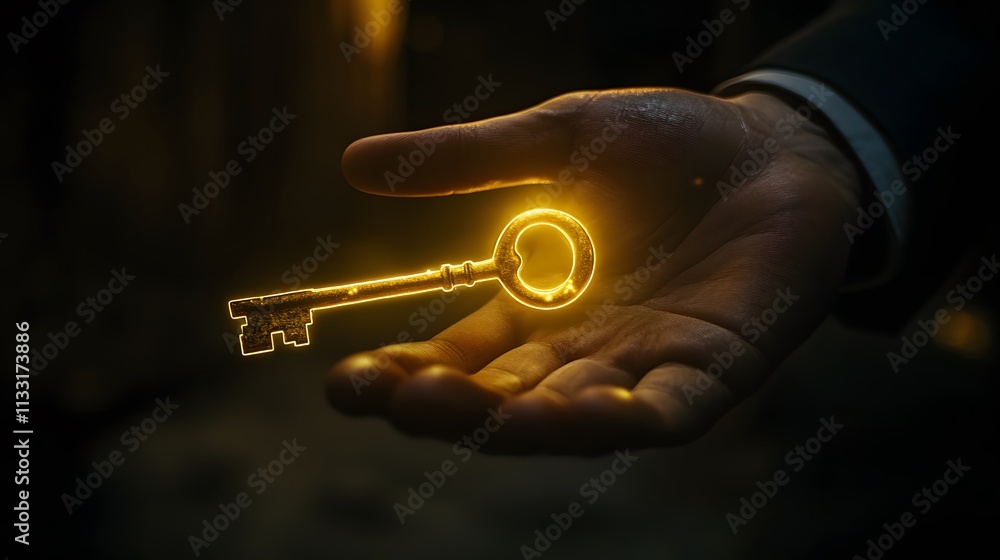 Poster Glowing Key in Hand Symbolizing Opportunity and Discovery in a Mysterious Dark Environment, Illuminating Pathways to New Beginnings and Secrets