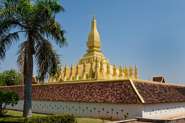 The scenery of Pha That Luang pagoda in Vientiane, the capital of Laos with the palm tree outside the wall.