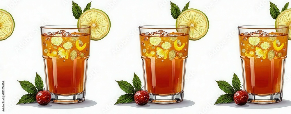 Poster three glasses of a drink with a lime slice in the middle. the drink is a tea with a raspberry garnis