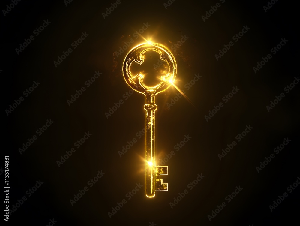 Poster Golden Key Symbolizing Opportunity and Unlocking Potential Against a Dark Background with Sparkling Light Effects