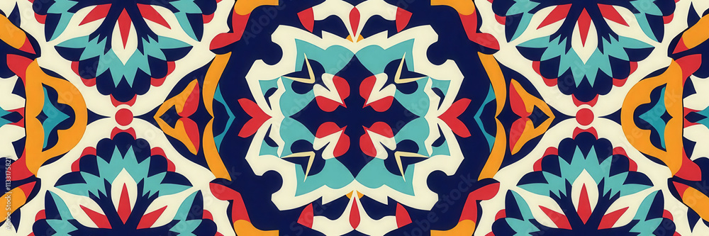 Poster a colorful patterned design with a blue and white background. the design is made up of many small sq
