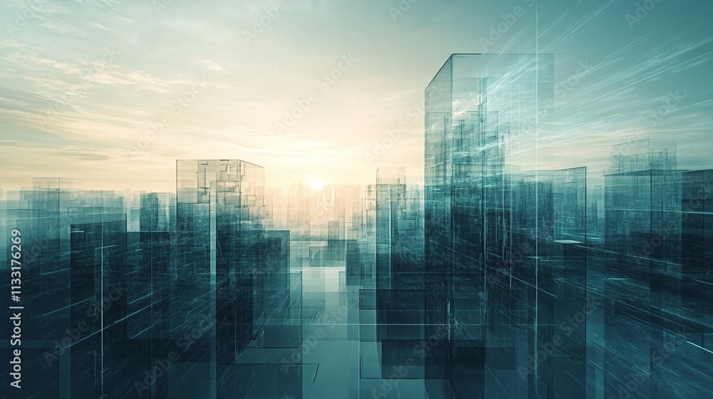 Poster abstract cityscape with translucent structures and a sunset backdrop.