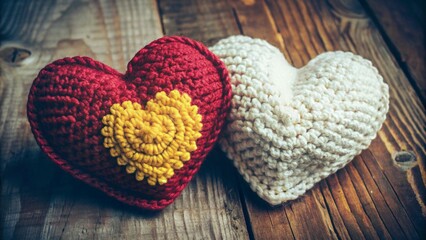 Beautiful heart crochet knitting Rustic Wood generative ai