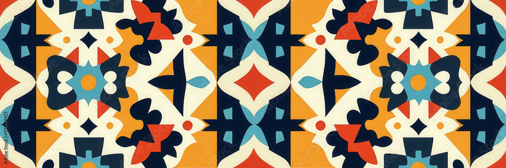 Poster a colorful patterned design with a blue and orange background. the design is made up of many small s
