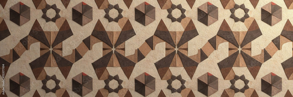 Poster a pattern of brown and tan shapes is displayed on a white background. the shapes are arranged in a w