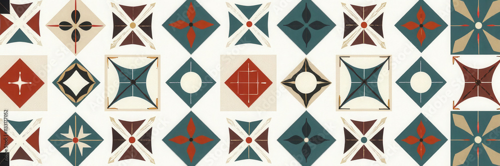 Poster a colorful pattern of squares and triangles. the squares are blue and red, and the triangles are blu