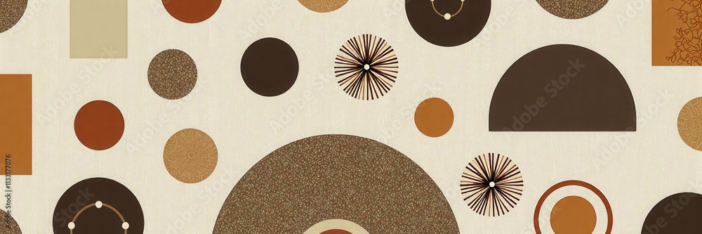 Poster a pattern of circles and squares in brown and white. the circles are of various sizes and the square