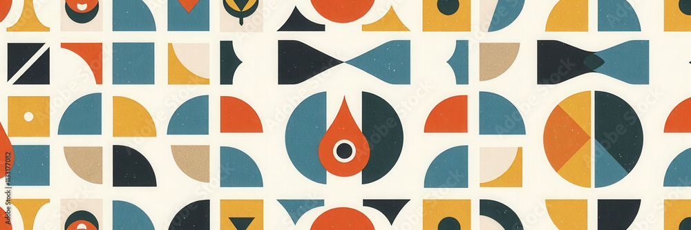 Poster a colorful pattern of squares and triangles. the squares are blue and red, and the triangles are blu