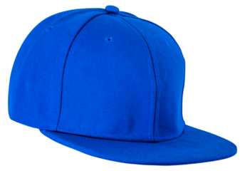 Blue baseball cap with a flat brim, isolated on a transparent background. Ideal for fashion, accessories, or casual wear concepts.