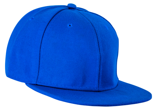 Blue baseball cap with a flat brim, isolated on a transparent background. Ideal for fashion, accessories, or casual wear concepts.