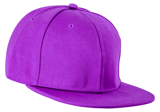 Purple snapback cap isolated on transparent background. Trendy flat-brim baseball hat for casual wear and branding.