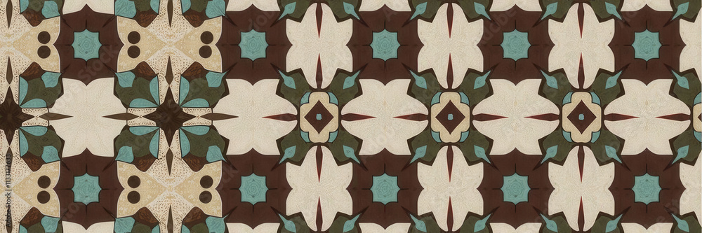Poster a patterned carpet with brown and white colors. the pattern is made up of squares and triangles