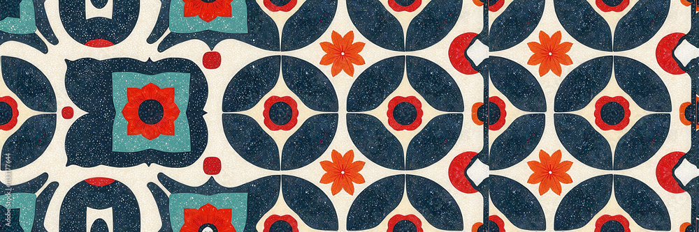 Poster a colorful pattern of flowers and leaves. the flowers are in various sizes and colors, and the leave